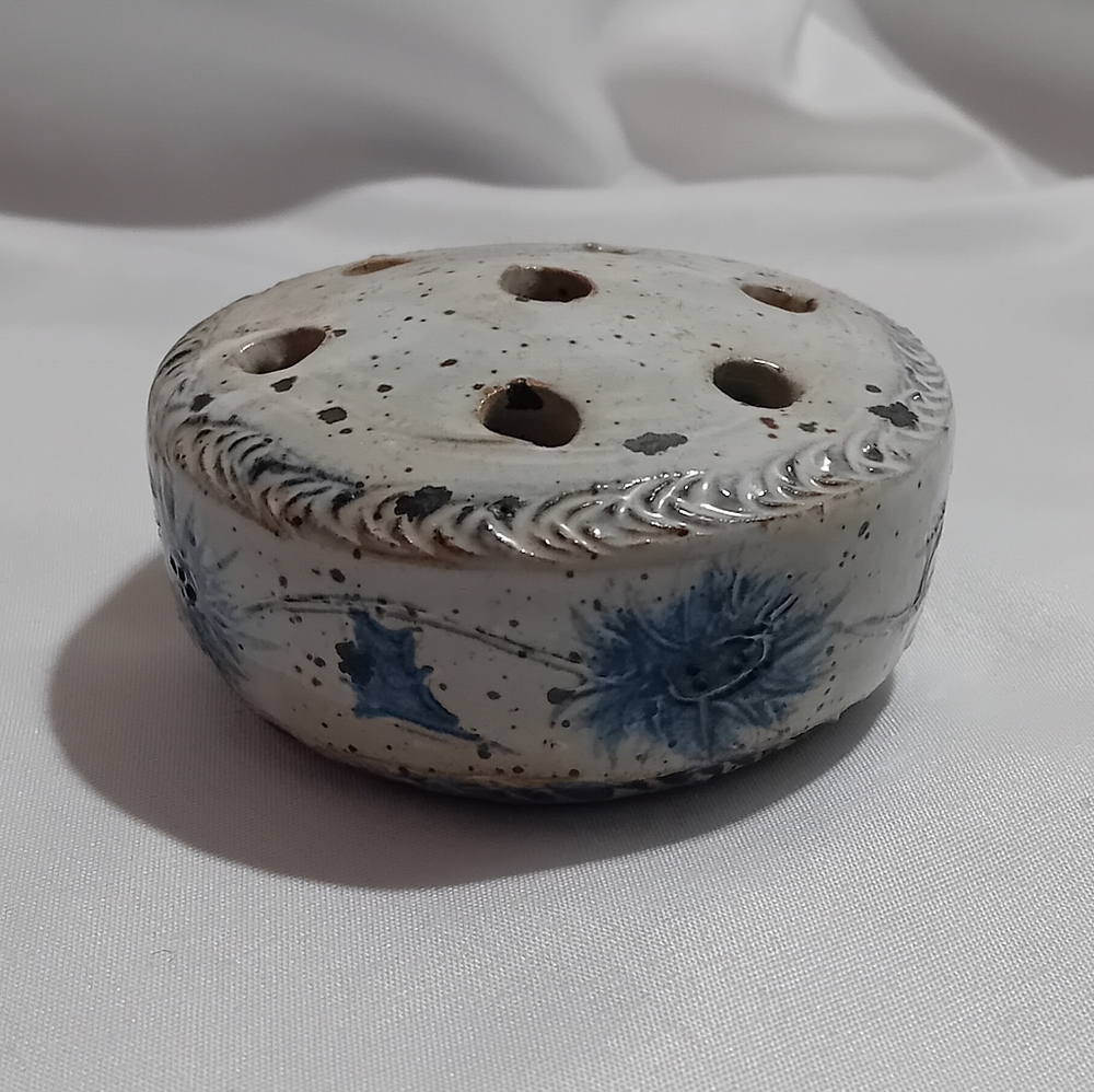Handcrafted Ceramic Flower Frog - Blue and White - Artist Signed